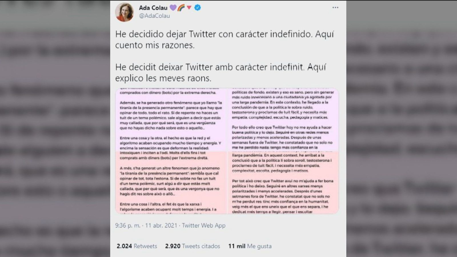 Colau deja Twitter con "carácter indefinido", harta del ambiente hostil que se respira