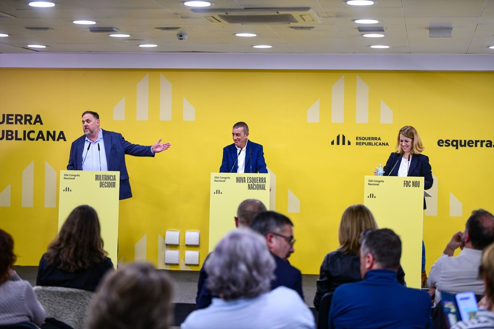 Los candidatos a la presidencia de ERC Oriol Junqueras, Xavier Godàs y Helena Solà