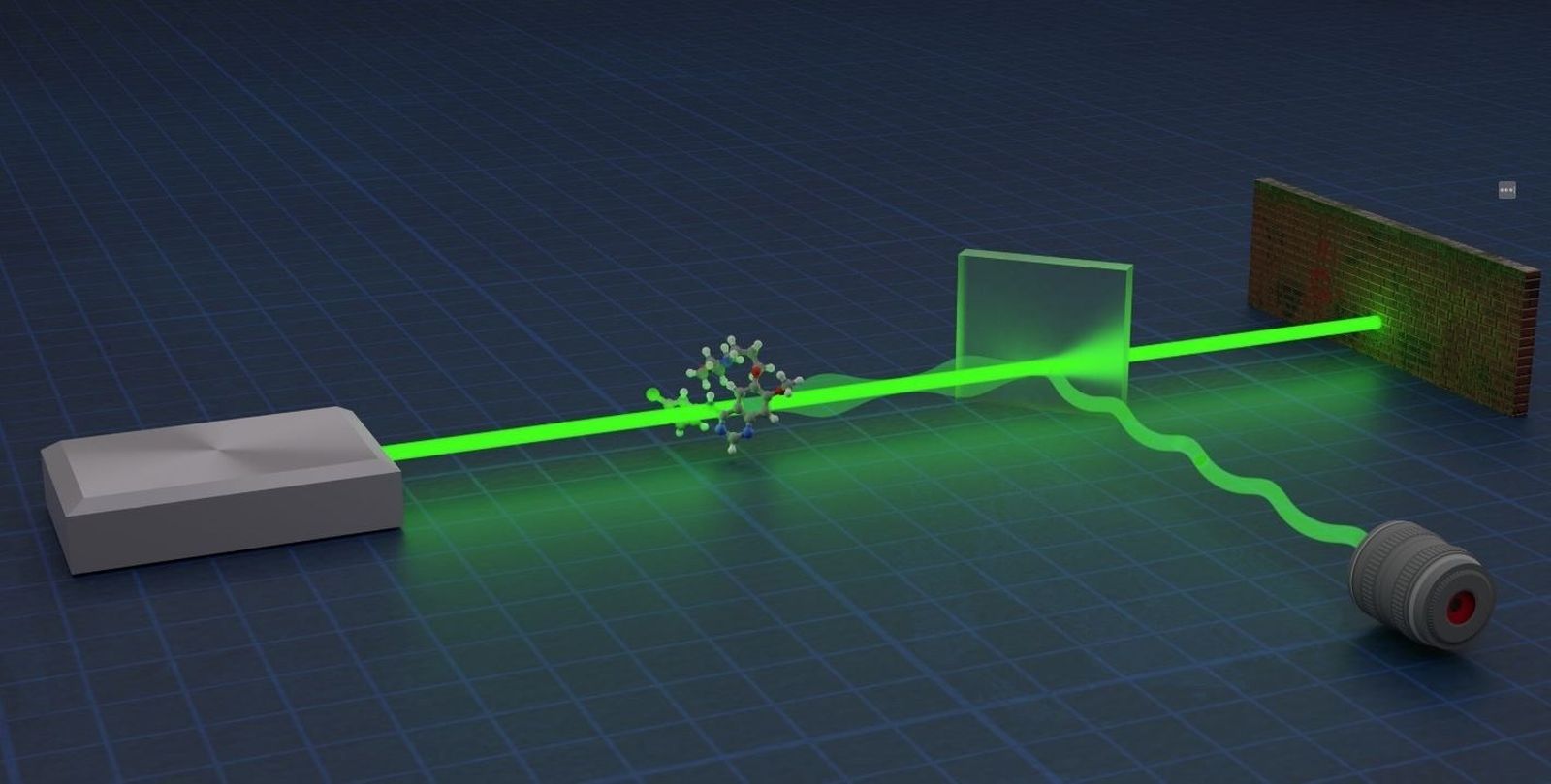 La luz láser cuántica brilla sobre una molécula química