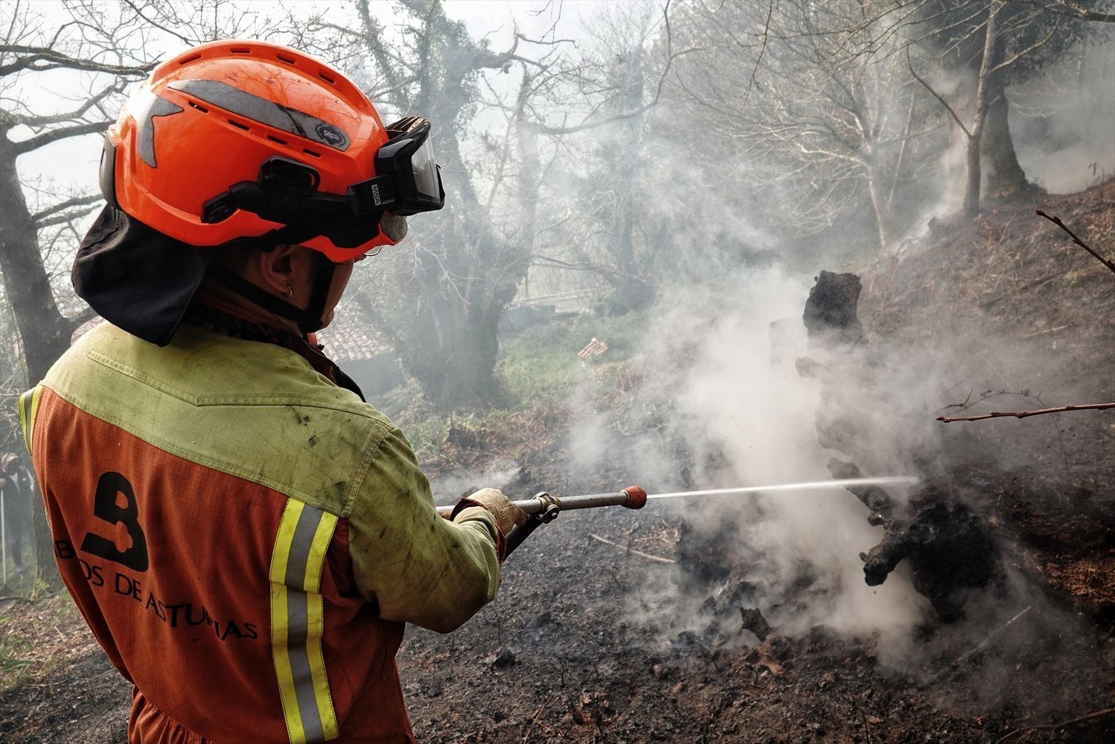 Un bombero, en la extinción de un incendio forestal en Toraño, Parres, Asturias