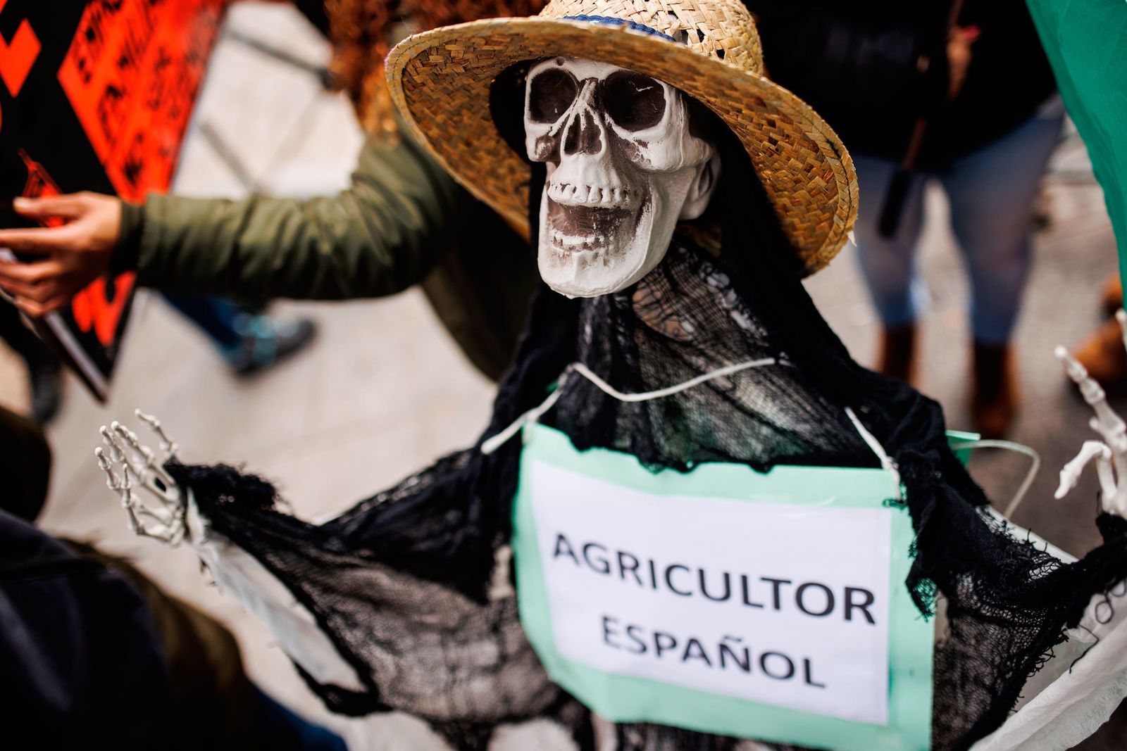 Una calavera con un cartel en el que se lee: 'Agricultor español' durante una concentración de agricultores y exportadores de naranjas, frente al Ministerio de Agricultura