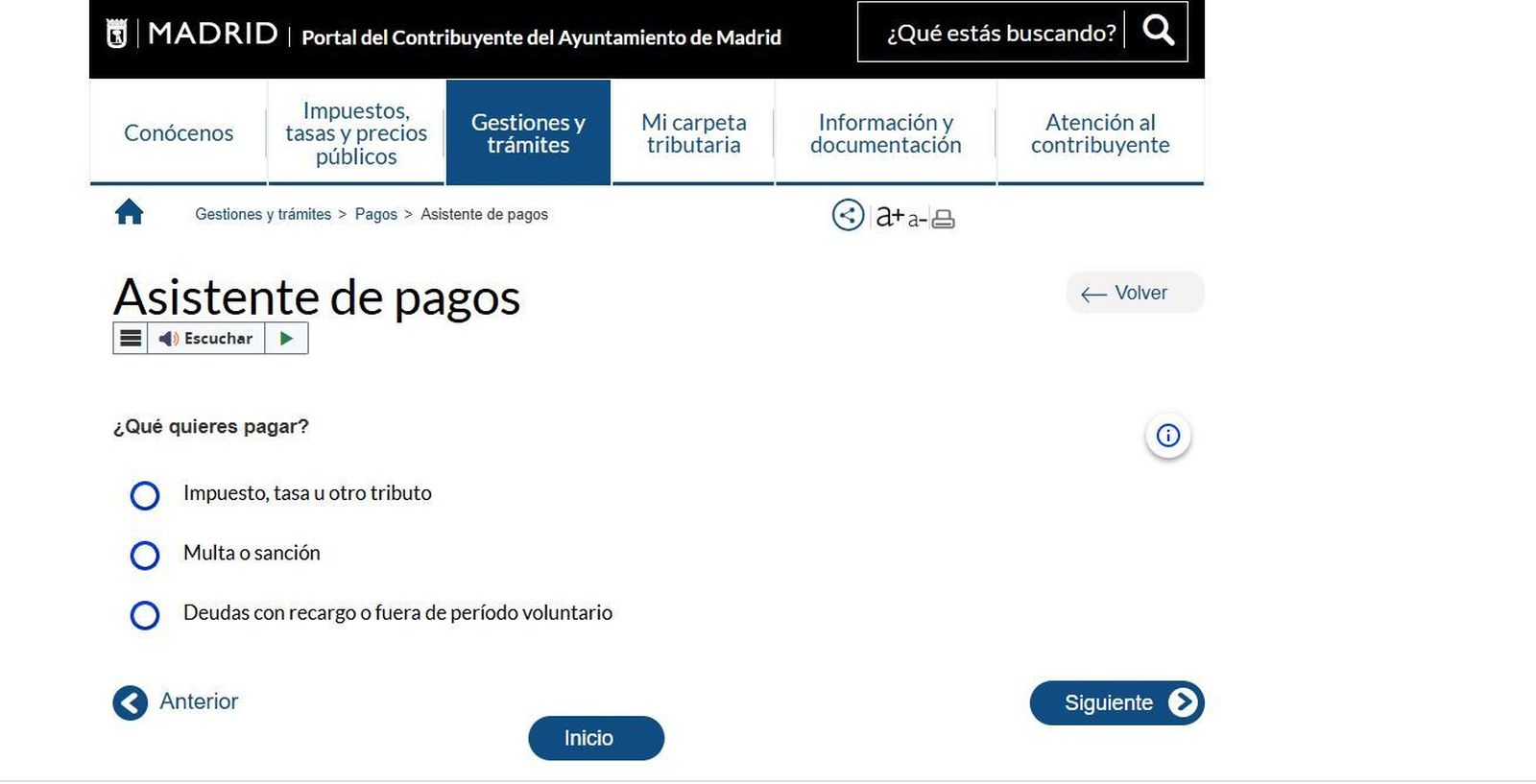 Asistente de pagos de la web del Ayuntamiento de Madrid