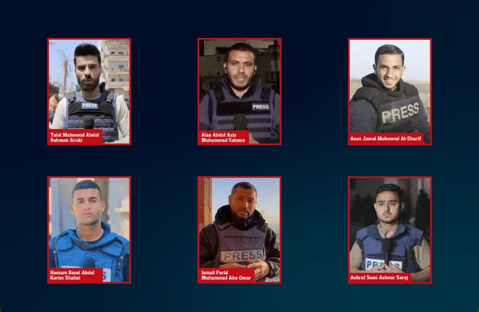 Anas Al-Sharif, Alaa Salama, Hossam Shabat, Ashraf Saraj, Ismail Abu Amr y Talal Aruki