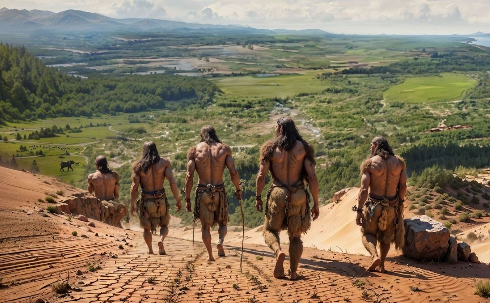 Recreación digital de un grupo de homo sapiens