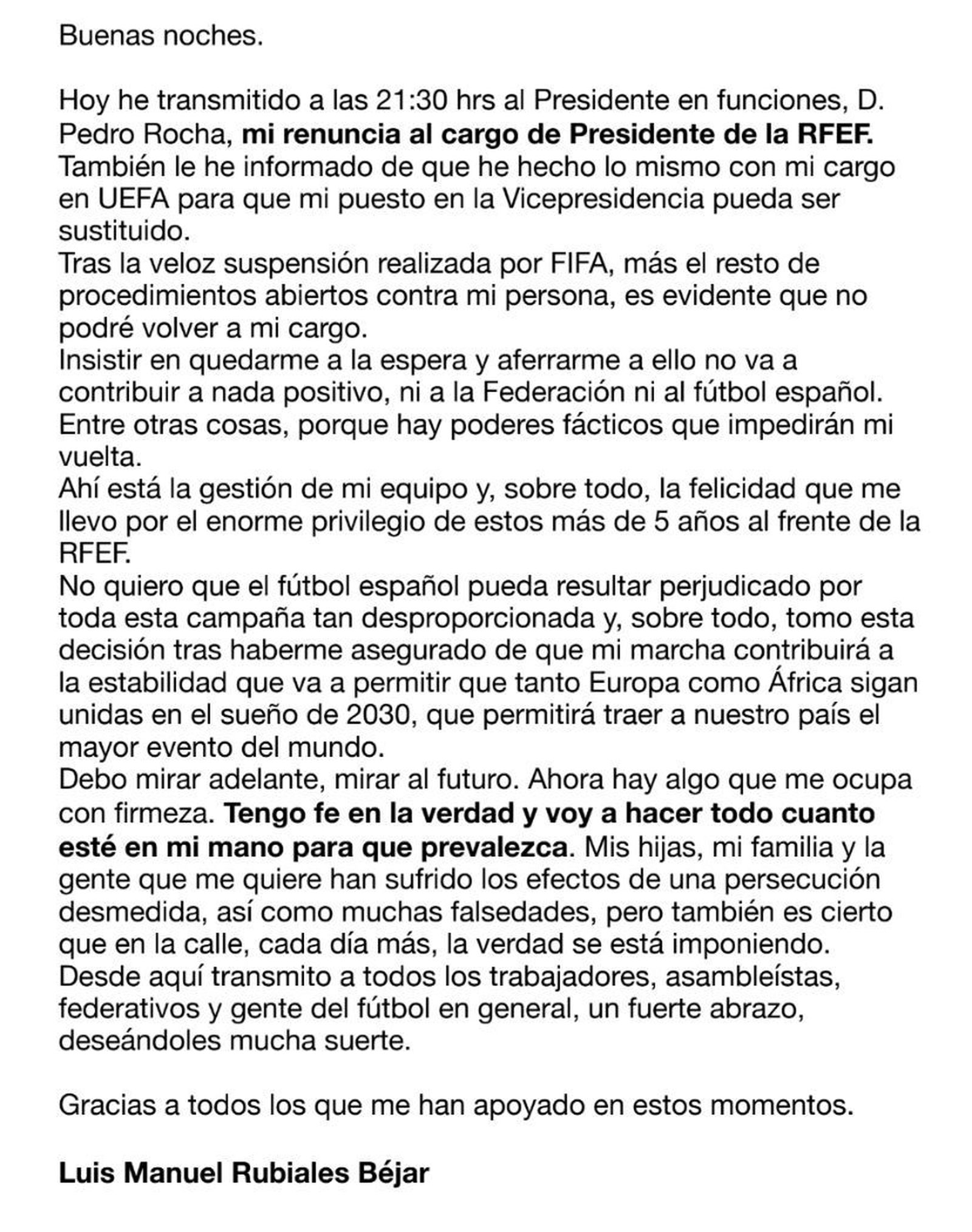 Carta de renuncia de Rubiales