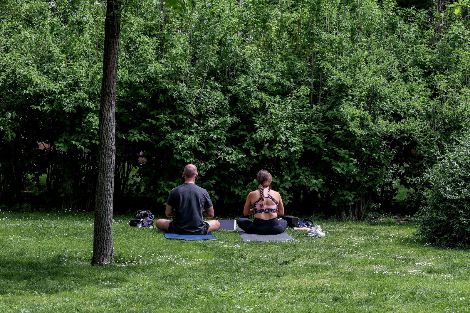 Dos personas hacen yoga en un parque