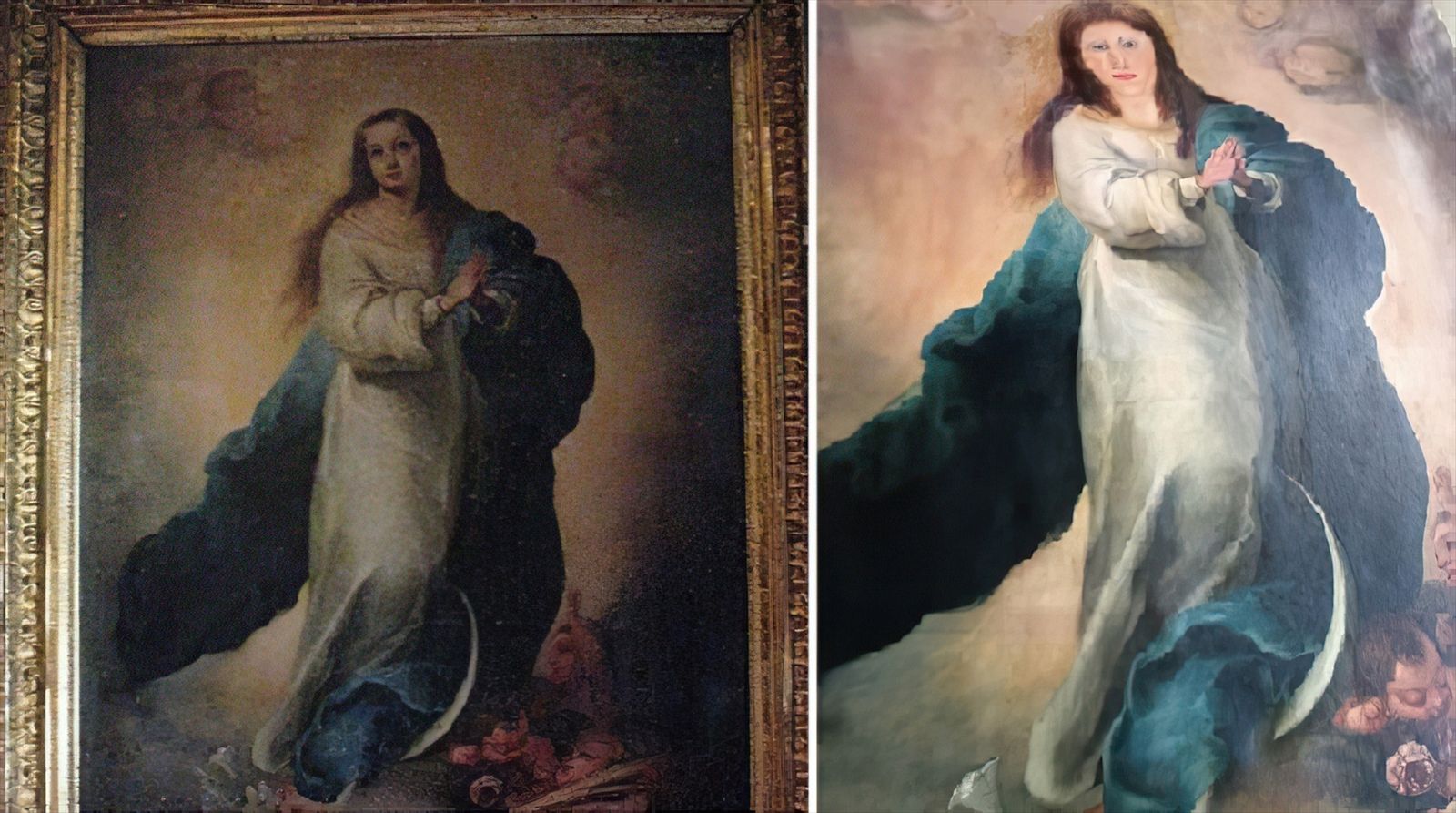 Imagen de la copia de una de las famosas Inmaculadas de Murillo del coleccionista valenciano (i) y el resultado final de esta copia tras dos intervenciones por parte de un restaurador de muebles