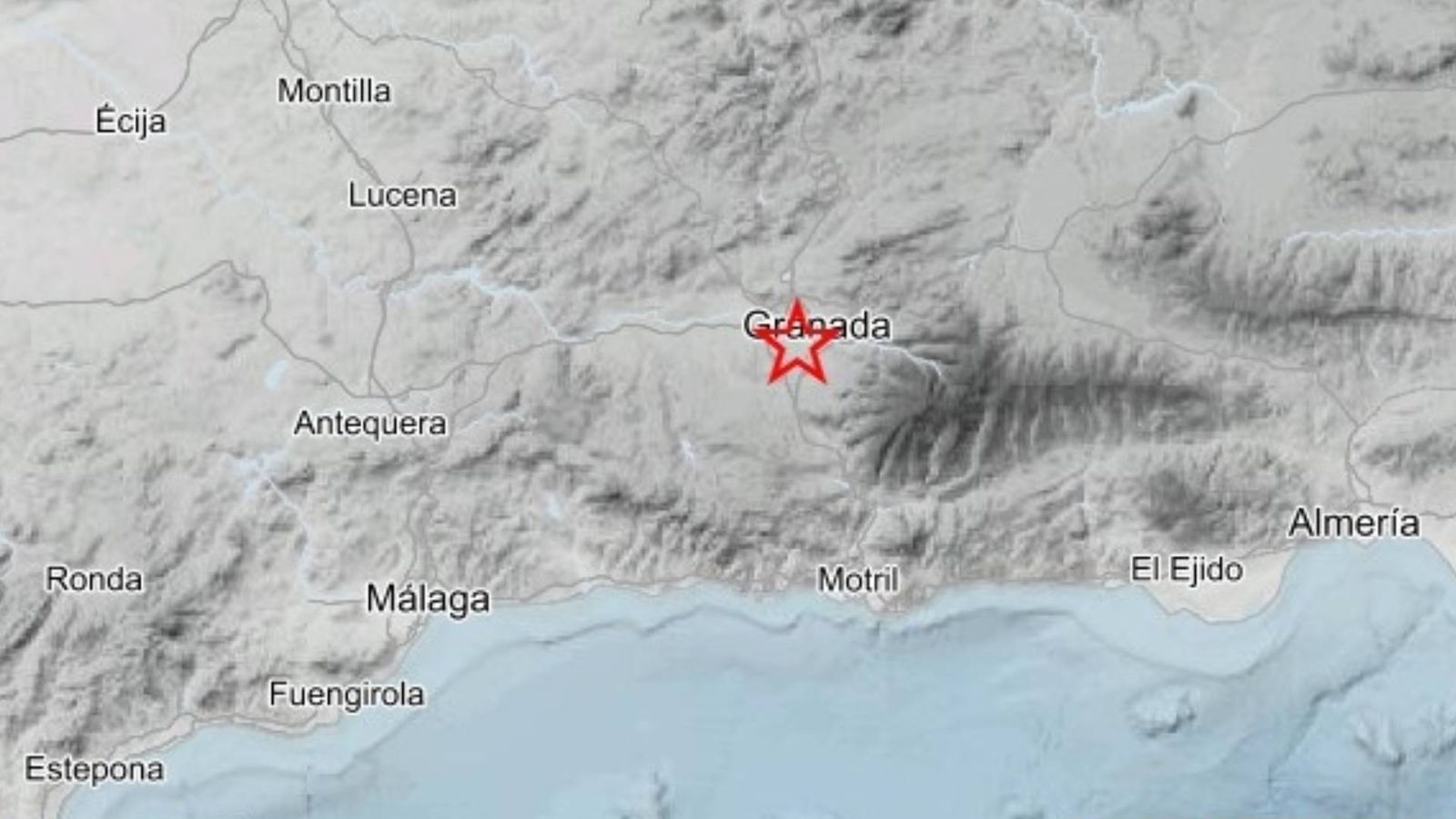 Mapa de la provincia de Granada con la señalización del epicentro de un seísmo sentido en Churriana de la Vega
