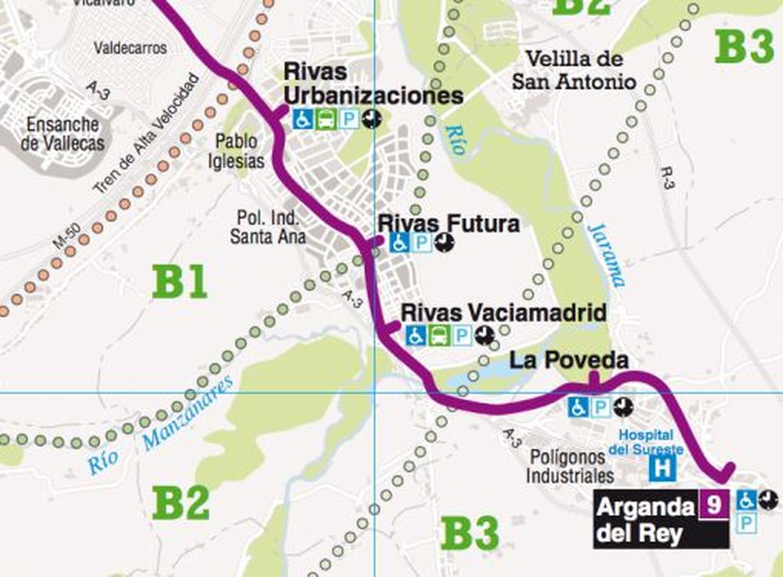 Zonas tarifarias del Consorcio, actualmente todo Rivas está incluido en la corona B1