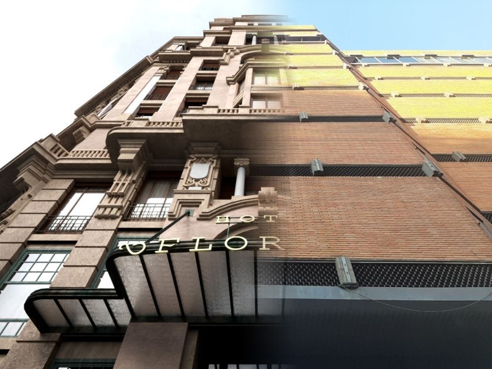 Montaje fotográfico con la fachada del Hotel Florida y la del centro comercial que ocupa su lugar en la actualidad