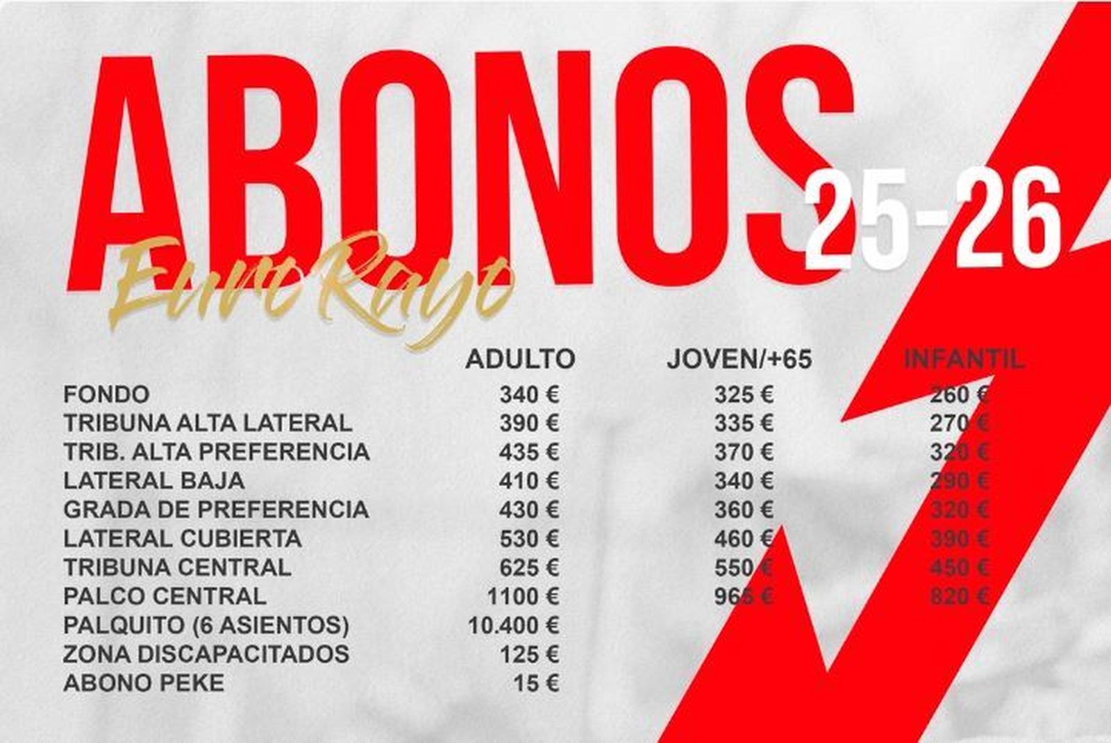 Precios de los abonos del Rayo