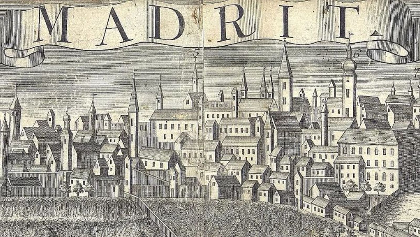 Grabado de una vista panorámica de Madrid, obra de Werner y Probst (1730-1750)