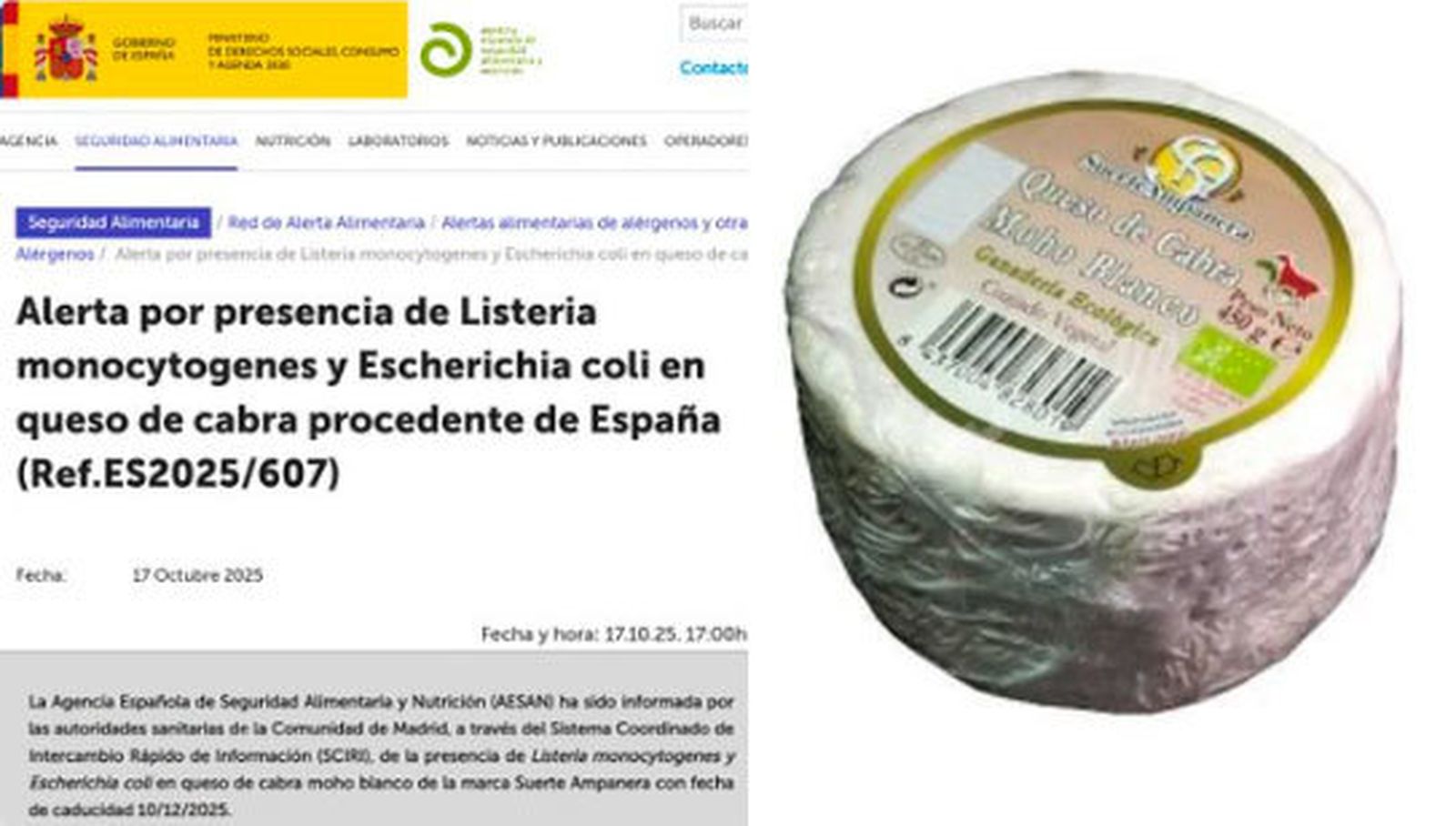 Consumo alerta de la distribución de queso de cabra con listeria y E.coli en 7 autonomías, entre ellas Madrid