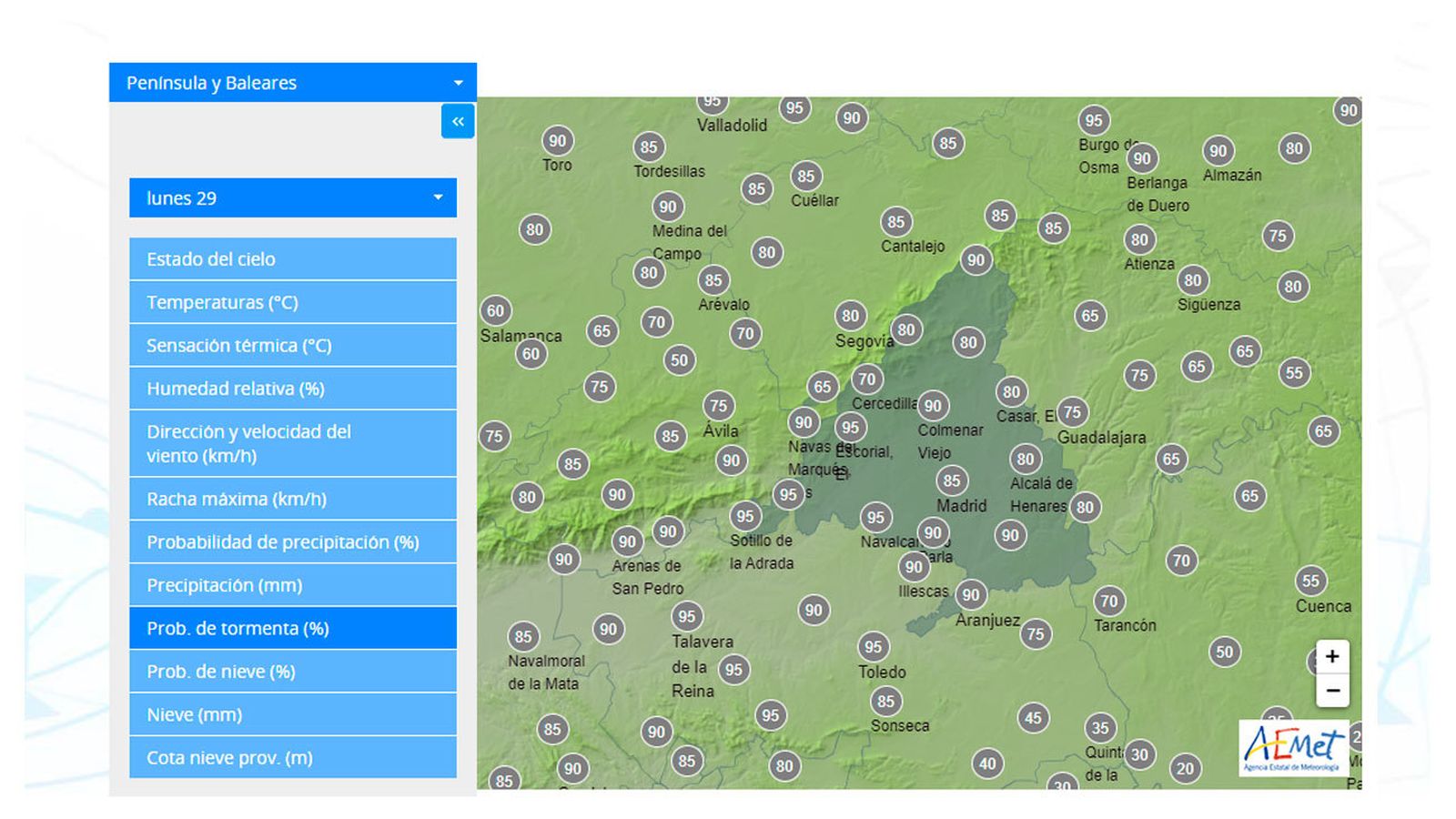 Previsión de tormentas para este lunes en Madrid