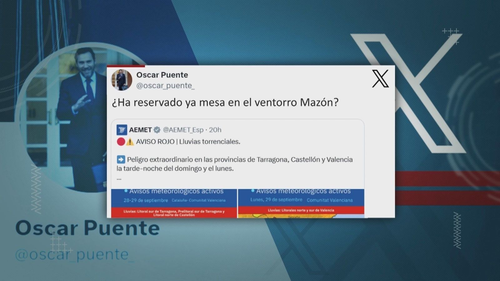 "¿Ha reservado ya Mazón en El Ventorro?": La broma de Óscar Puente en 'X' tras la alerta roja en Valencia