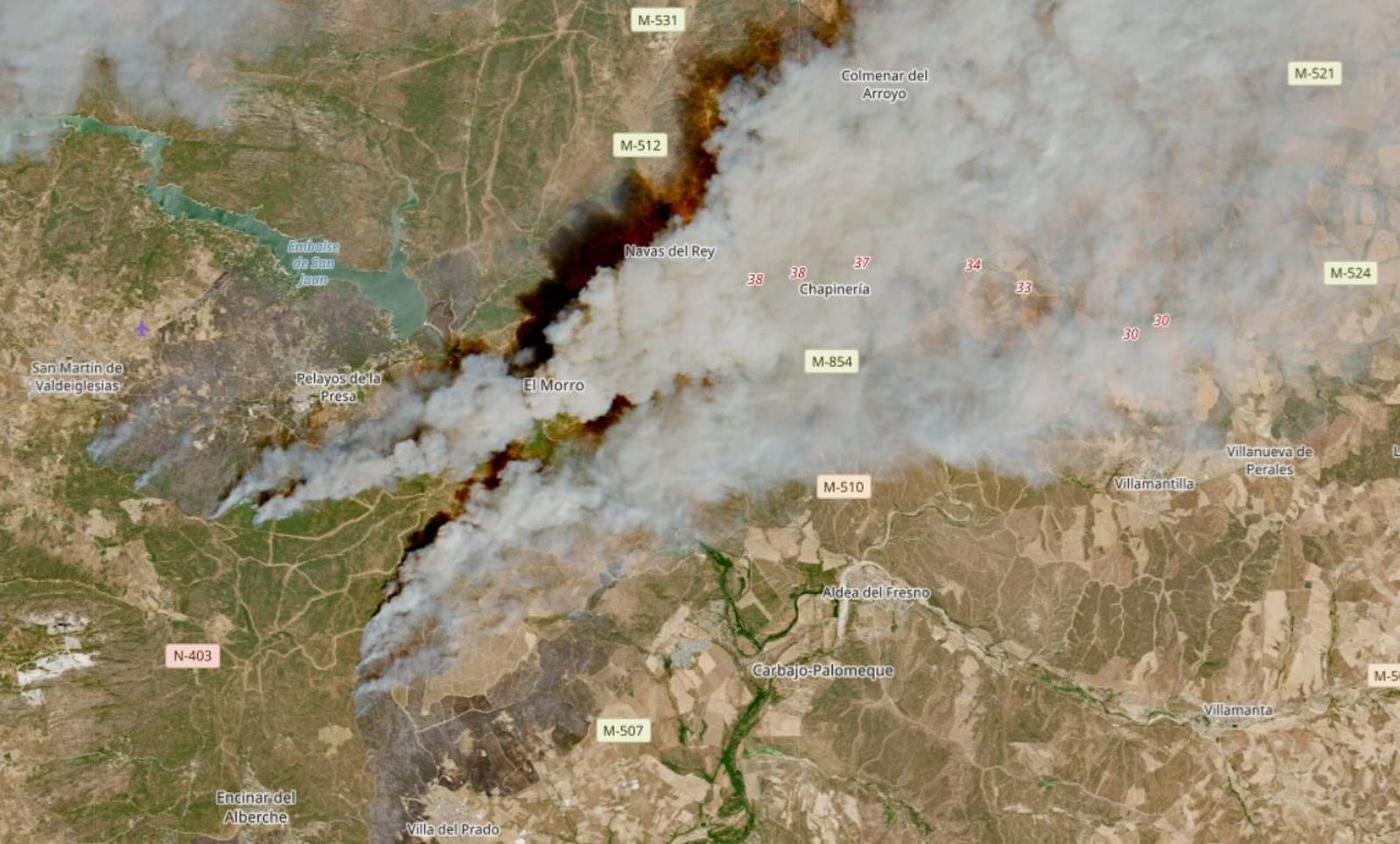 Imagen de los incendios en la Sierra Oeste de Madrid captadas por el satélite Sentinel-2 L2A de la red Copernicus