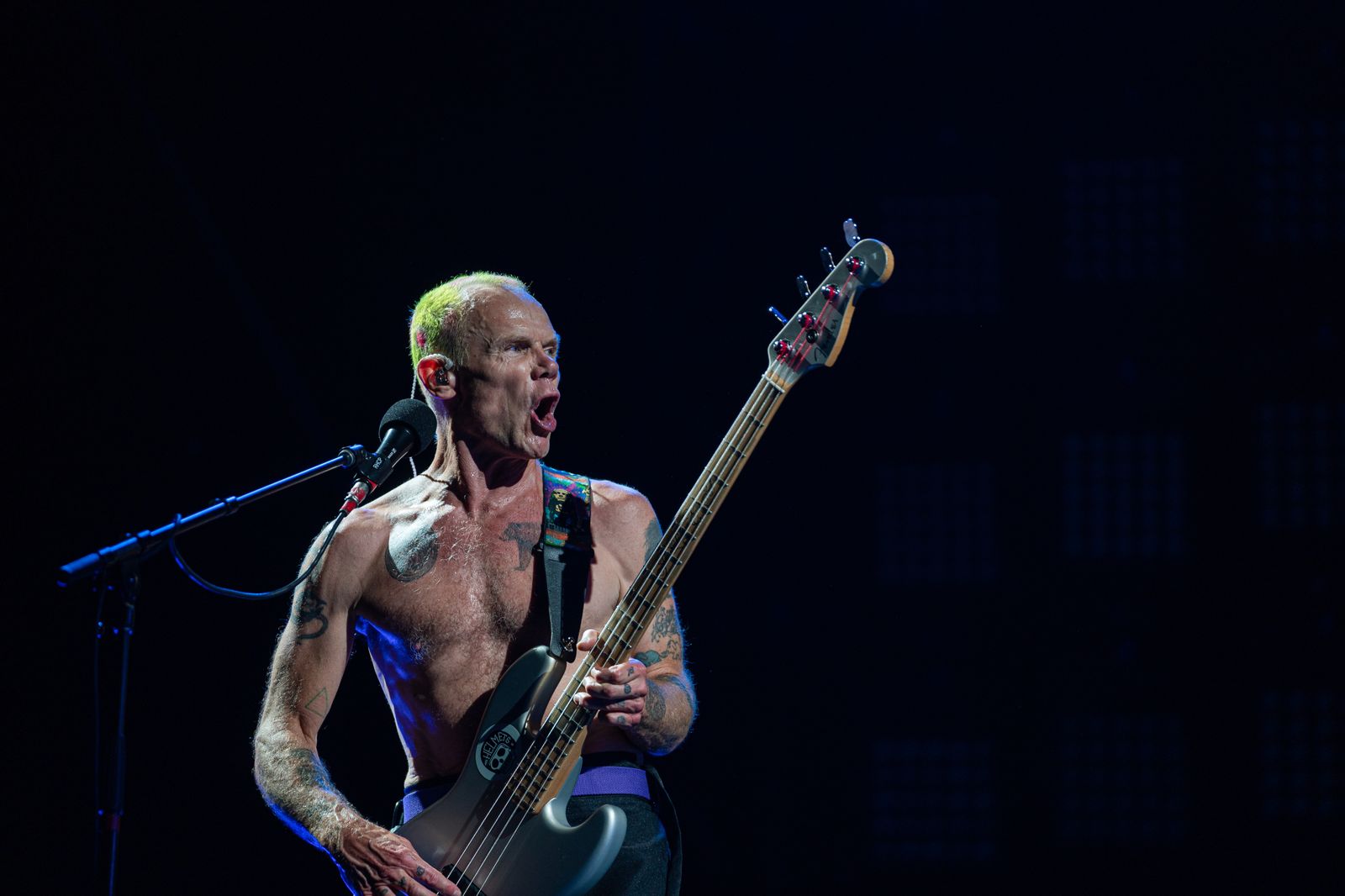 El bajo eléctrico Flea durante un concierto de la banda de rock Red Hot Chili Peppers en Barcelona en junio