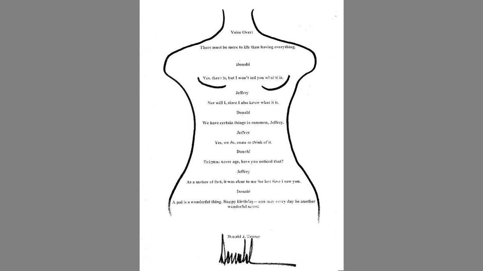 Dibujo supuestamente hecho por el presidente de Estados Unidos, Donald Trump, el cual le regaló a Jeffrey Epstein