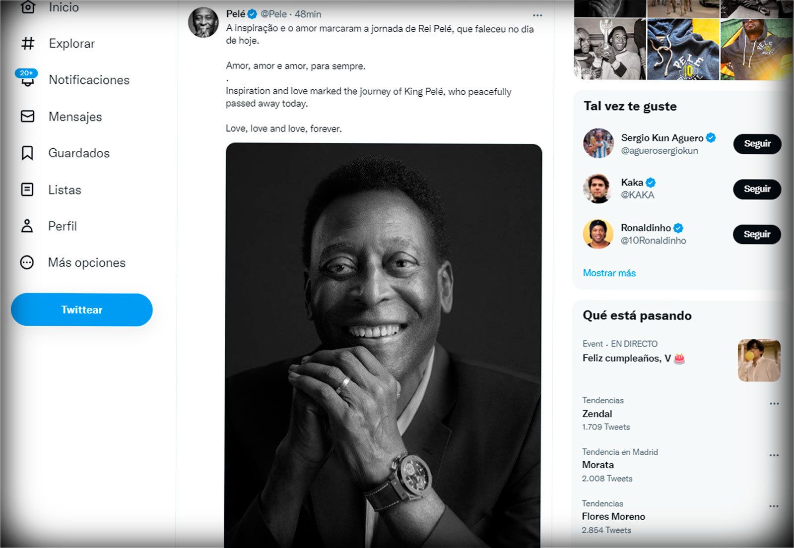 La cuenta oficial de Pelé en Twitter publica un mensaje de adiós al astro brasileño