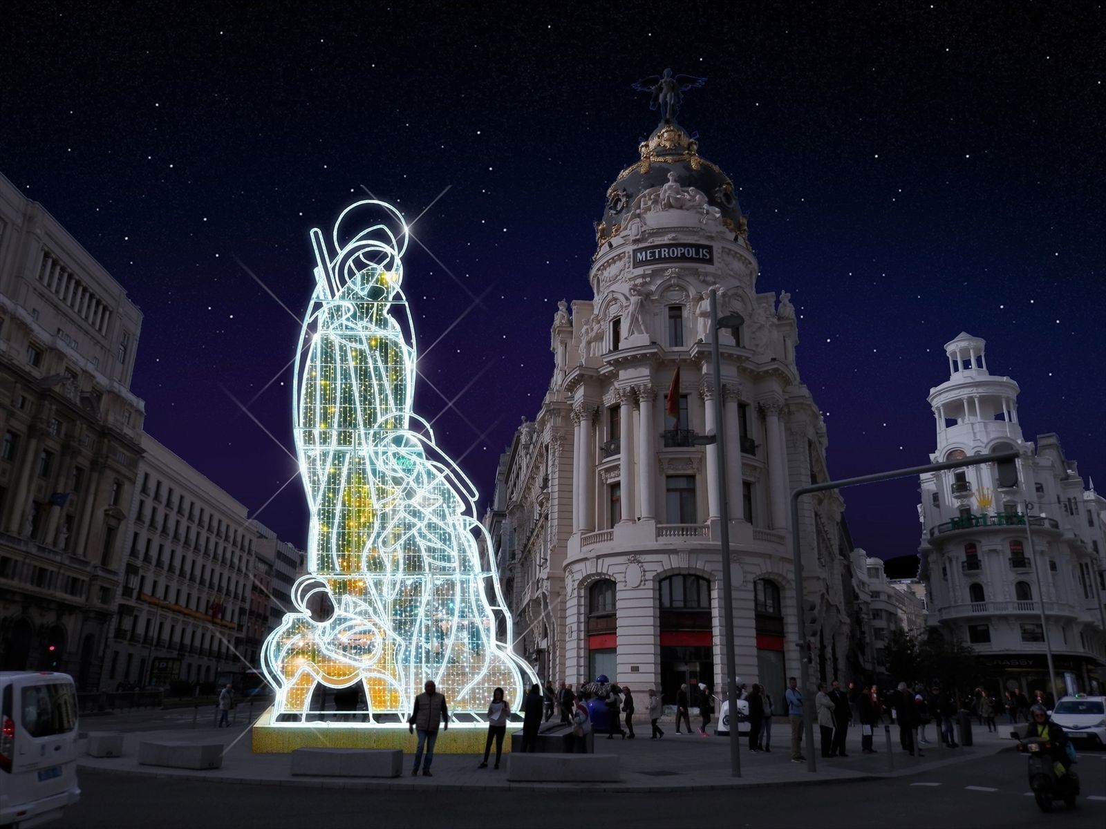 Belén luminoso en la confluencia de Alcalá con Gran Vía