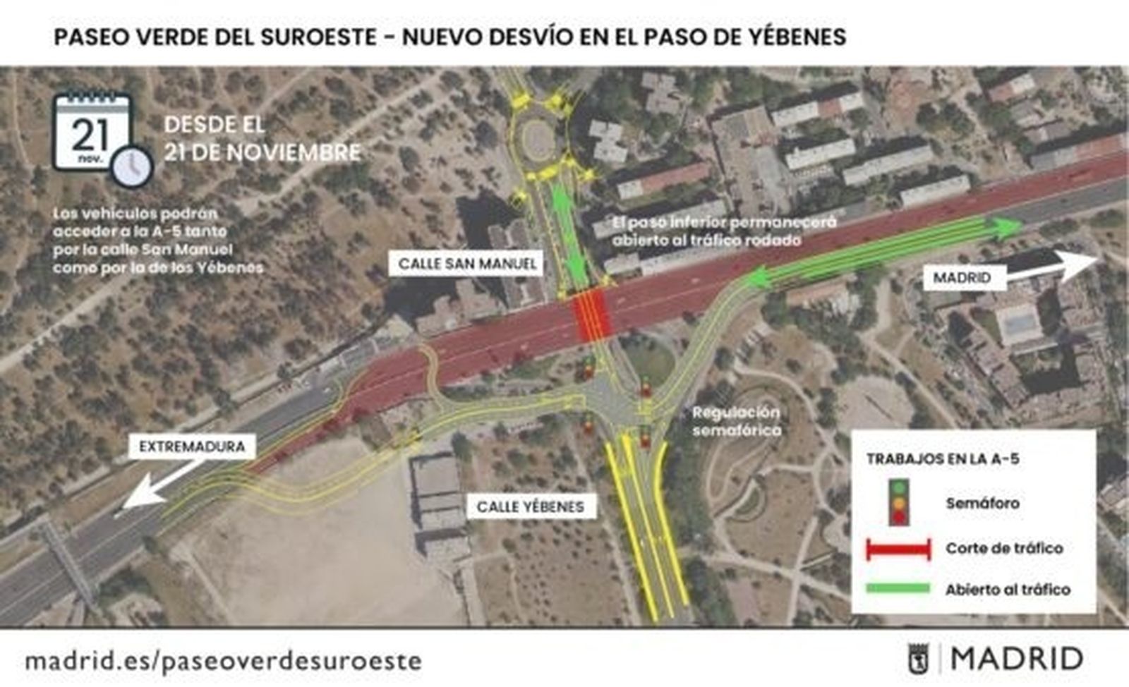 Nuevo desvío de entrada a Madrid por la A-5 en el Paseo de Yébenes