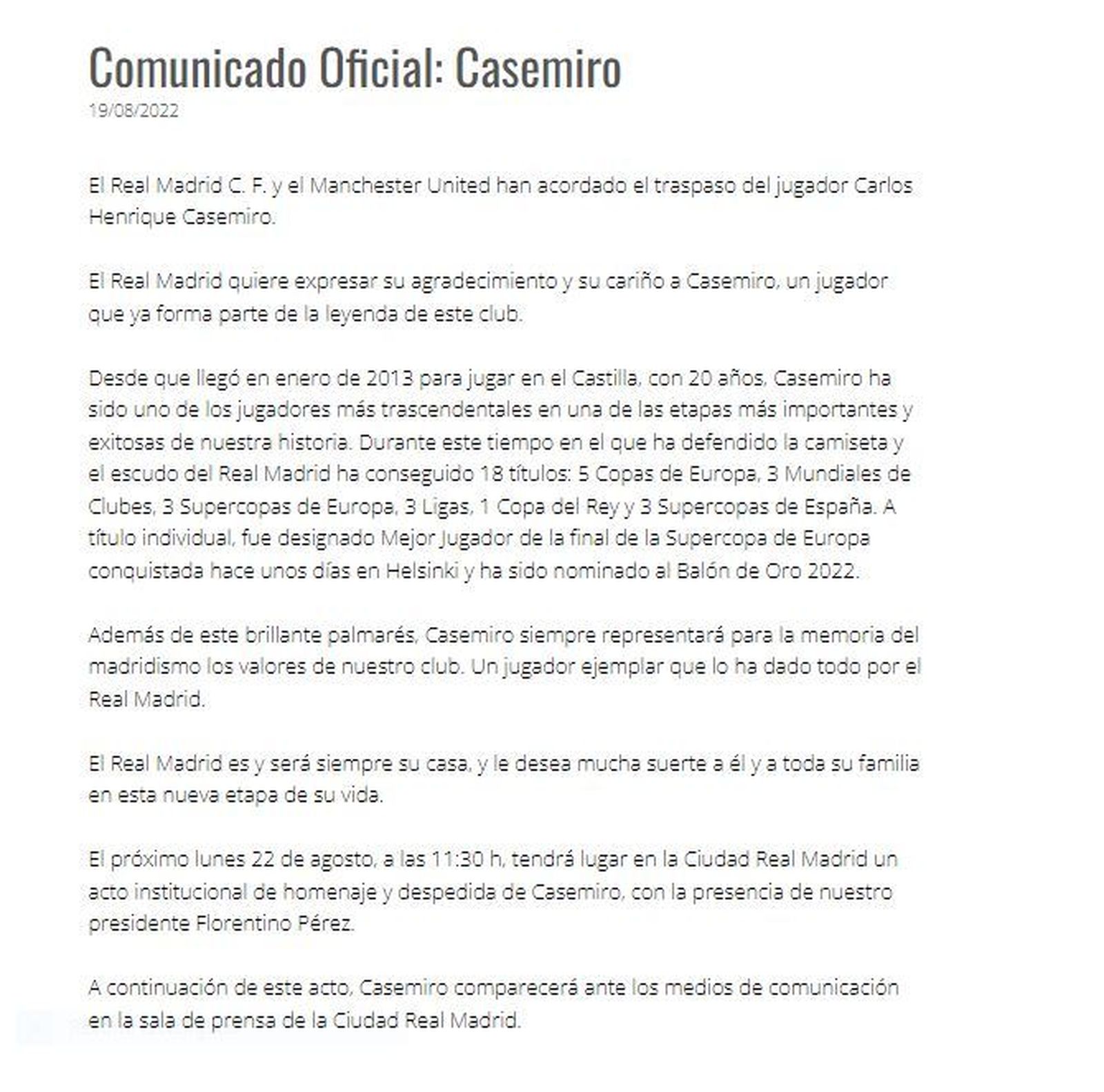 Comunicado del Real Madrid