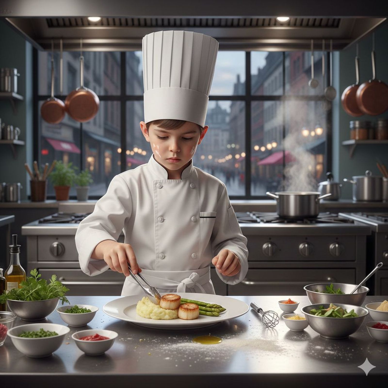 Un pequeño chef elabora un plato