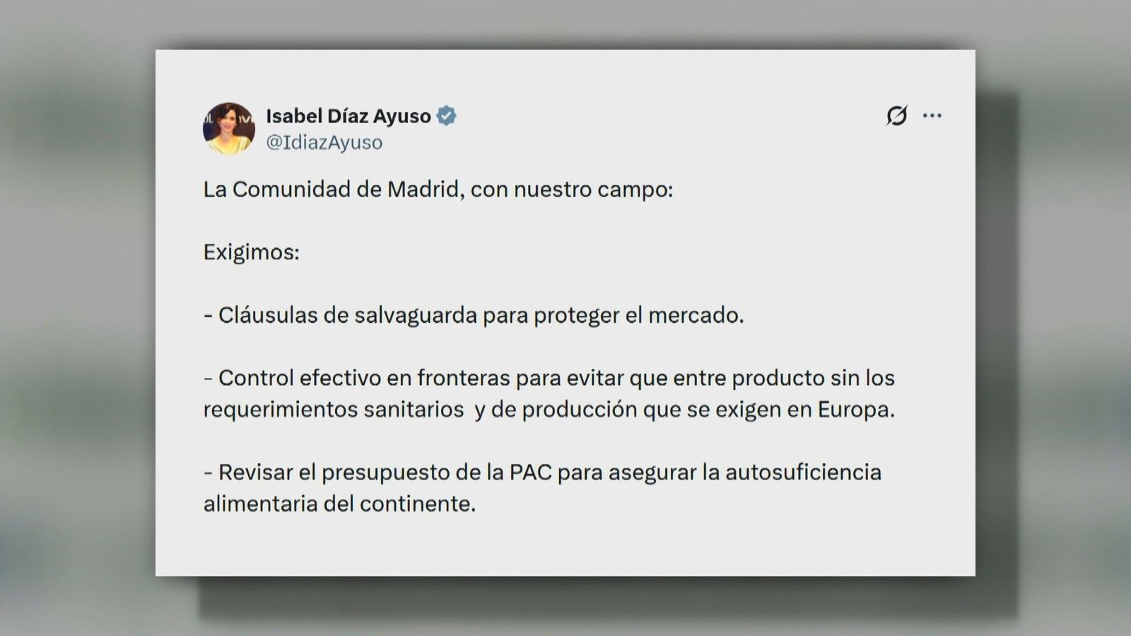 Ayuso exige revisar el presupuesto de la PAC para garantizar "autosuficiencia" y que se proteja al campo español