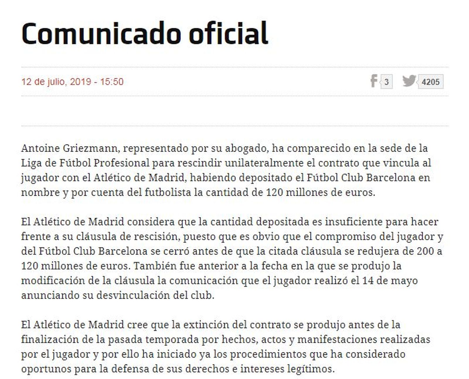 Comunicado del Atlético de Madrid