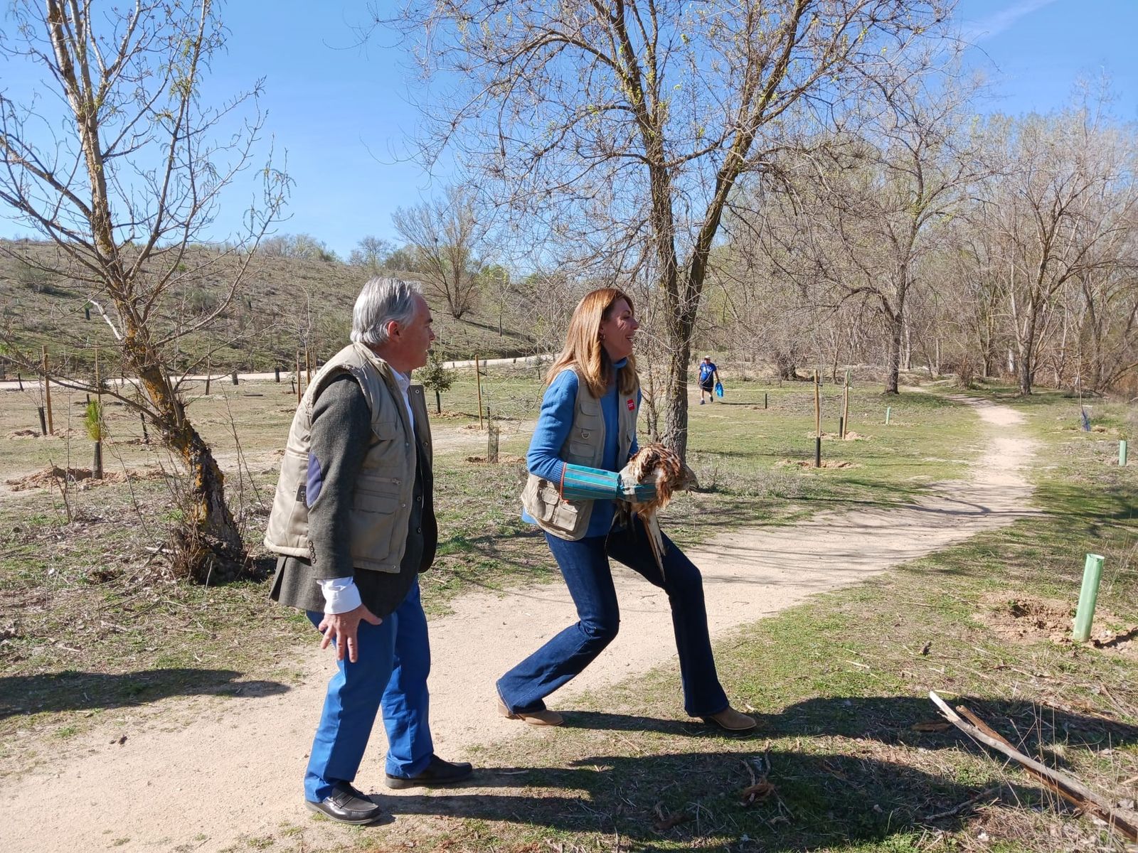 La viceconsejera Paloma Tejero se dispone a soltar un ejemplar de rapaz en el Entorno de la Laguna de Valchico