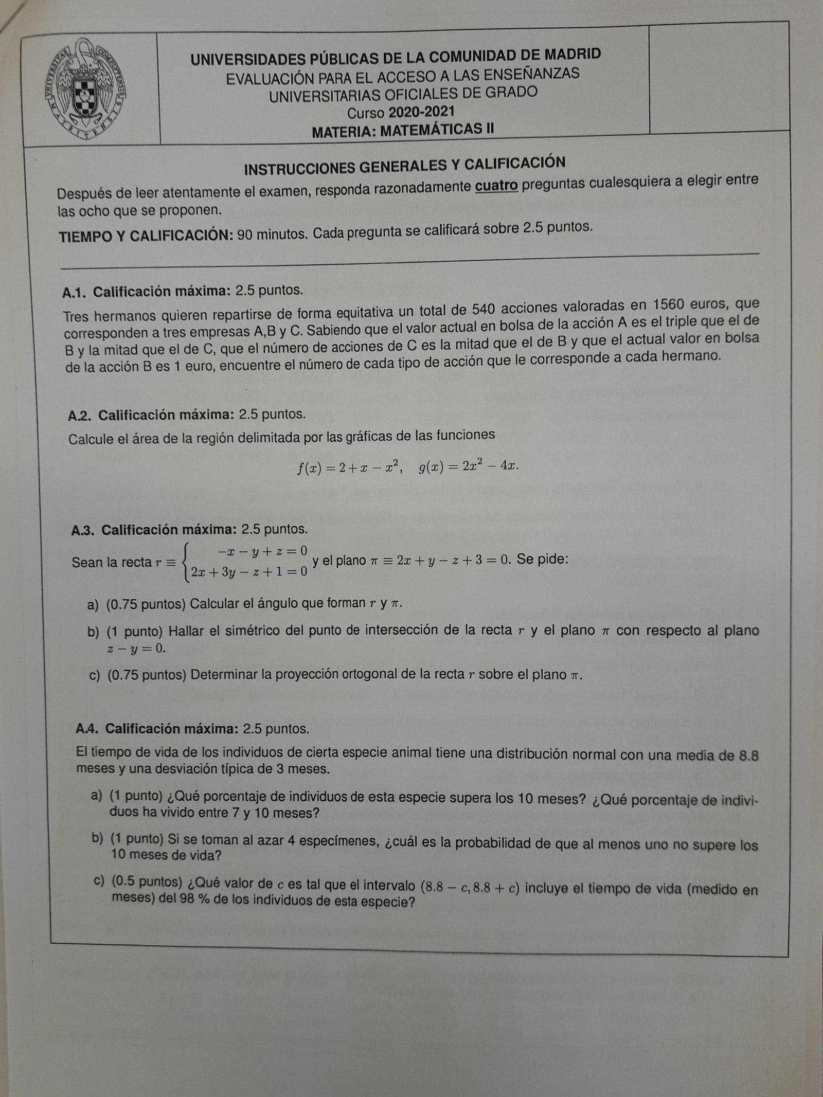 Examen de Matemáticas de la EvAU 2021 en Madrid