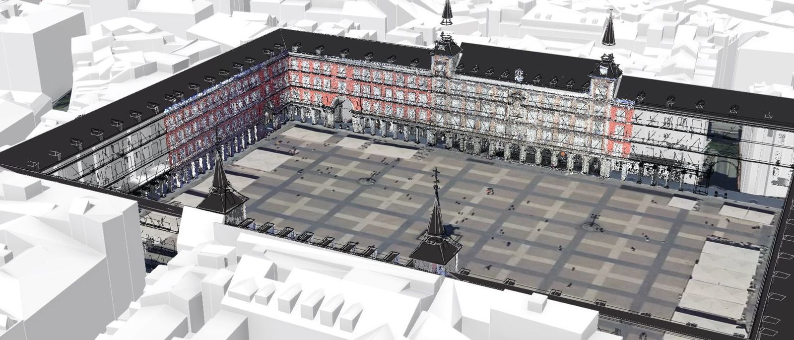 Un visor 3D en la web del Ayuntamiento muestra el escaneado más detallado de fachadas y soportales de la Plaza Mayor