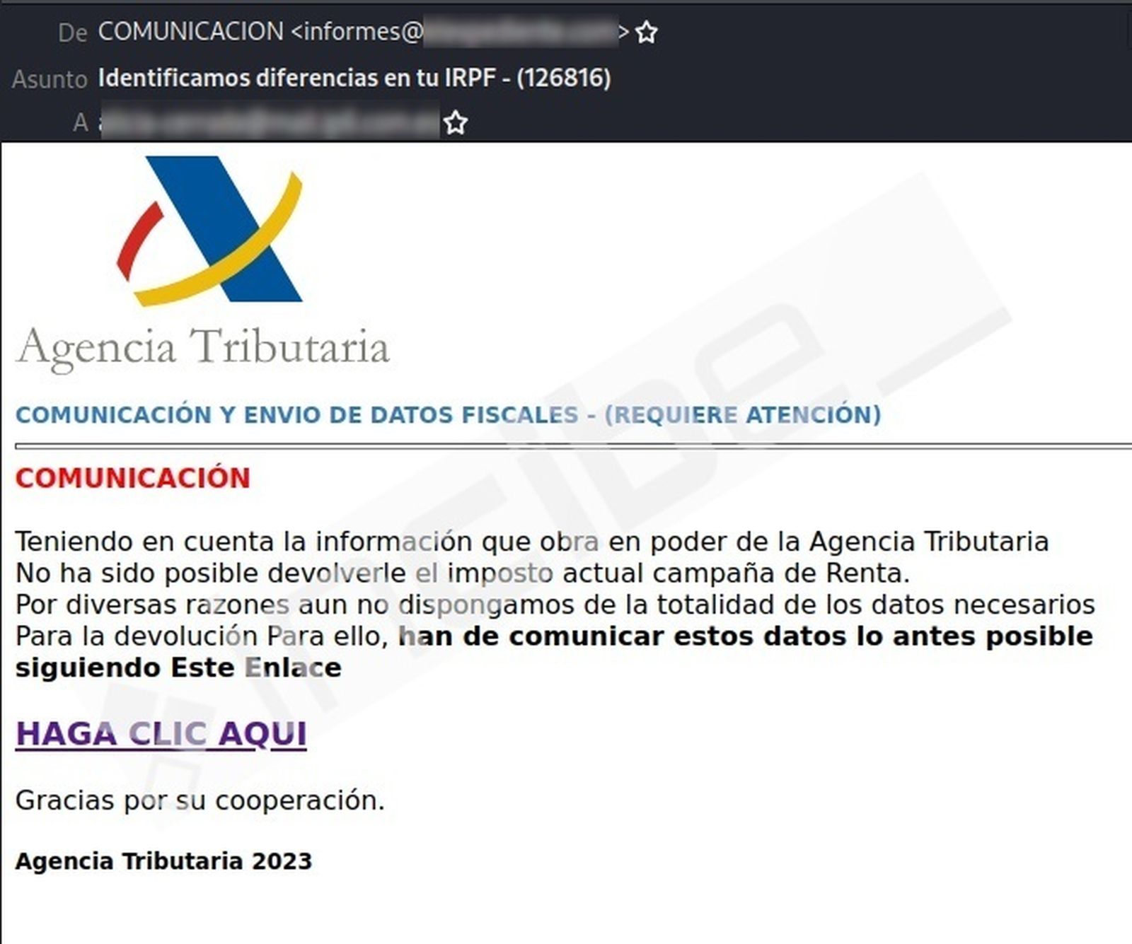 Campaña de malware con emails falsos de la Agencia Tributaria