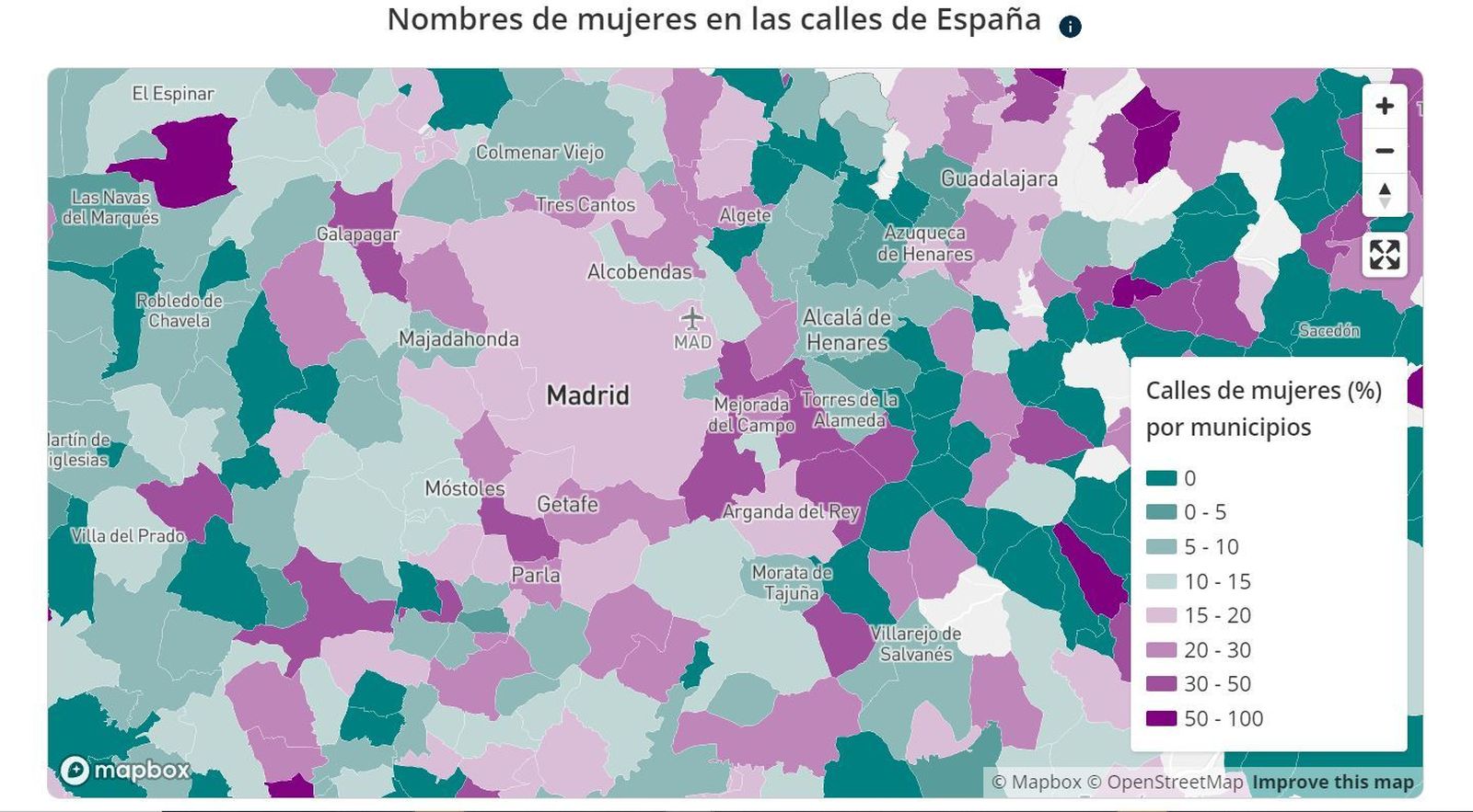 Porcentaje de calles con nombre de mujer por municipio en la Comunidad de Madrid
