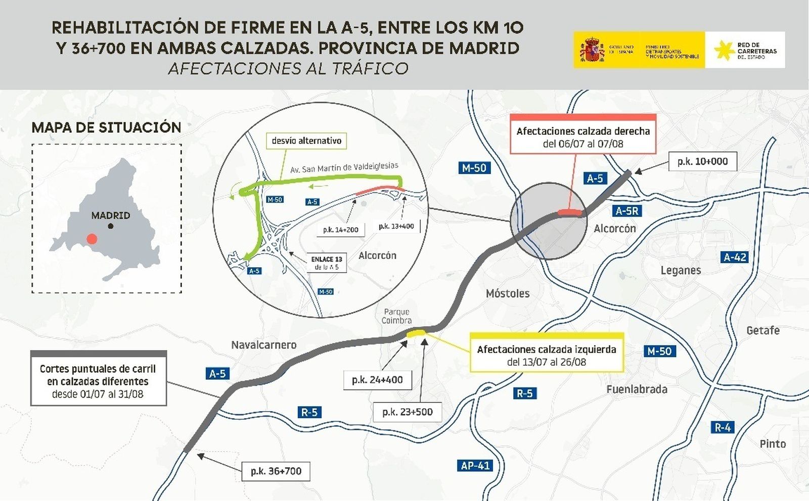 Esquema de los trabajos en la A-5 en Navalcarnero, Móstoles y Alcorcón