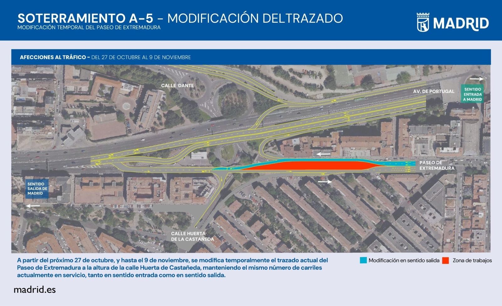 Desvío temporal de tráfico desde este martes del paseo de extremadura en calle Huerta de Castañeda