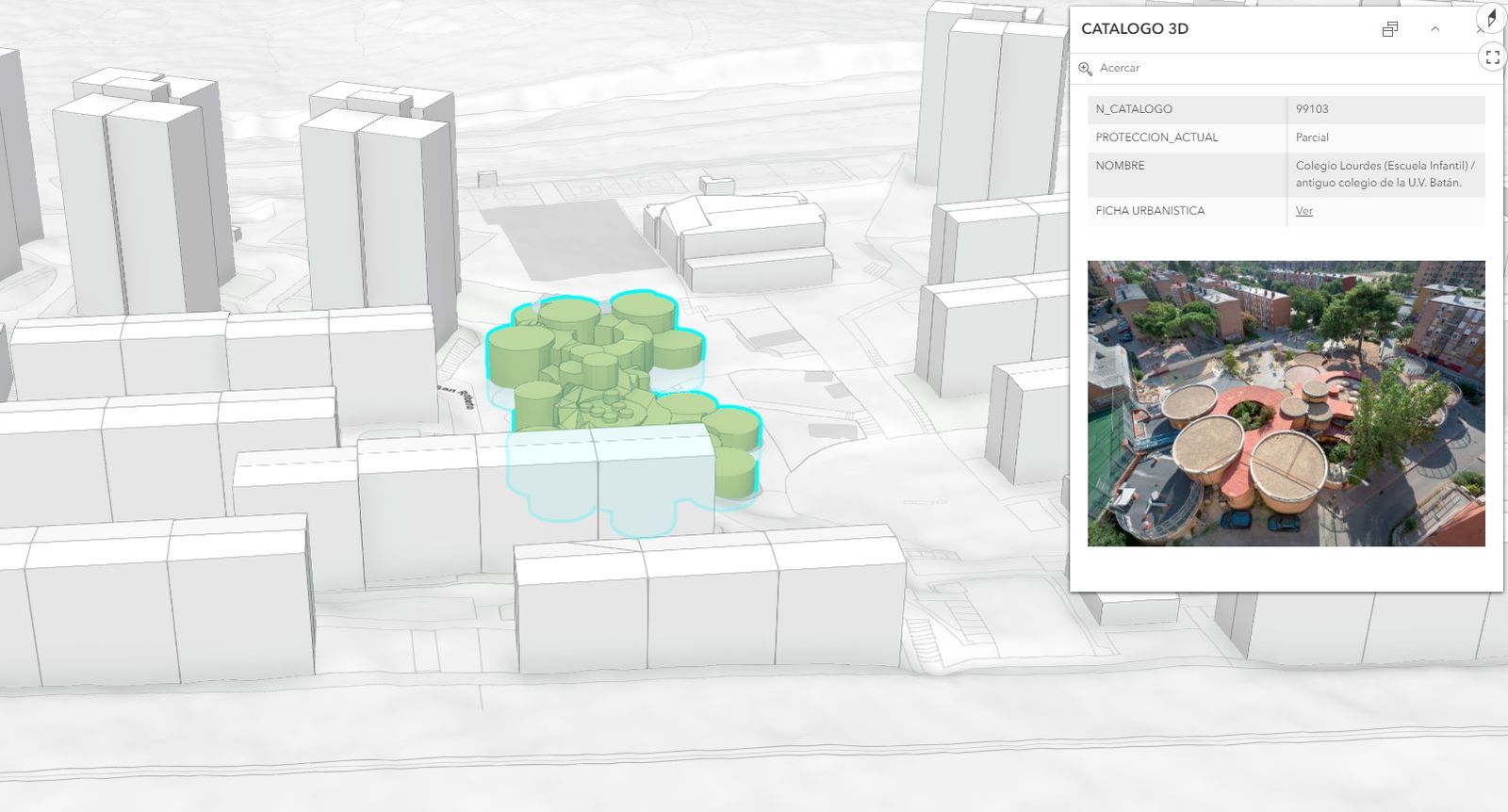 Ficha y cartografía en 3D del Colegio Lourdes, obra de Sáenz de Oiza