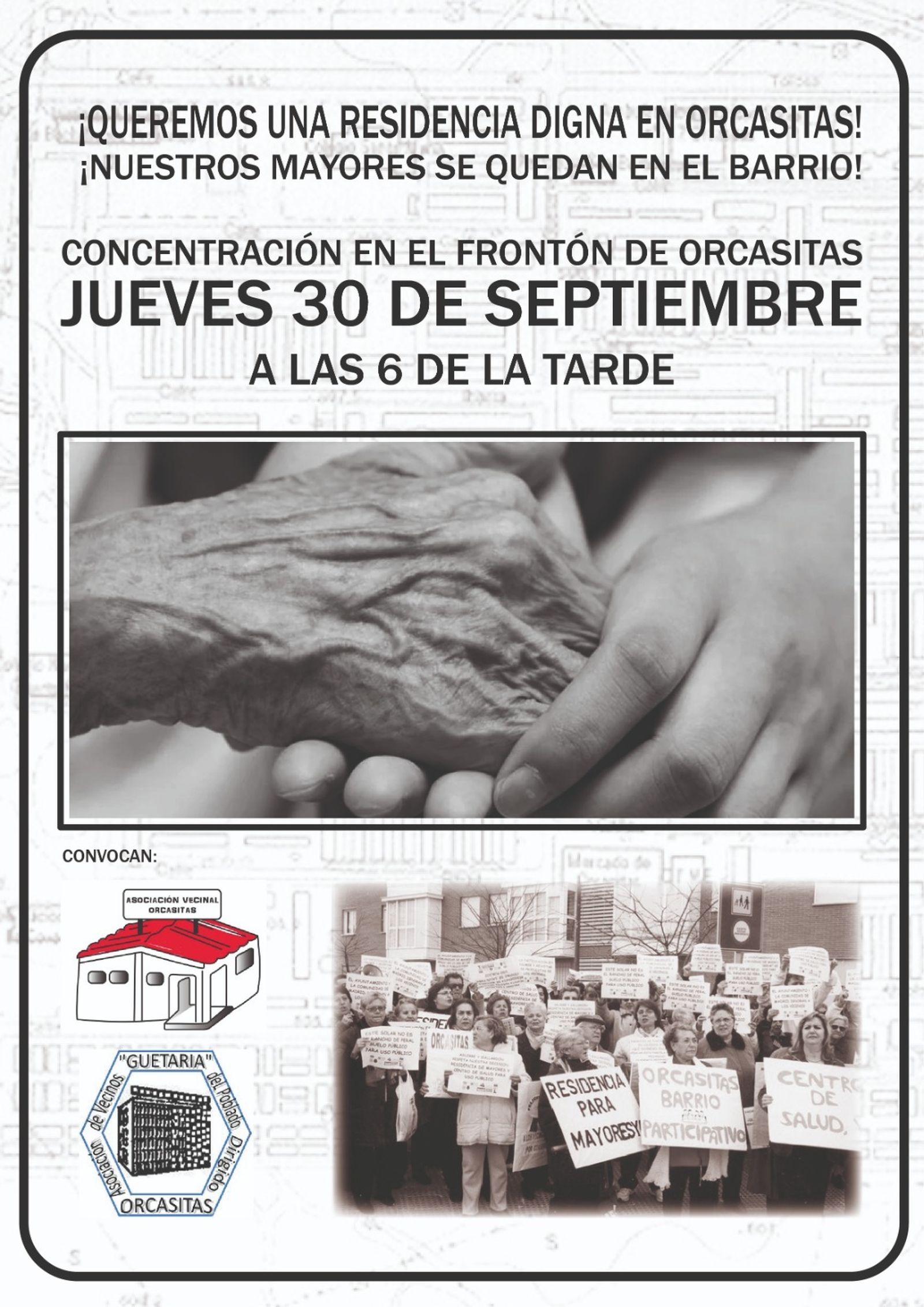 Cartel de la concentración organizada para pedir una residencia de mayores en Orcasitas