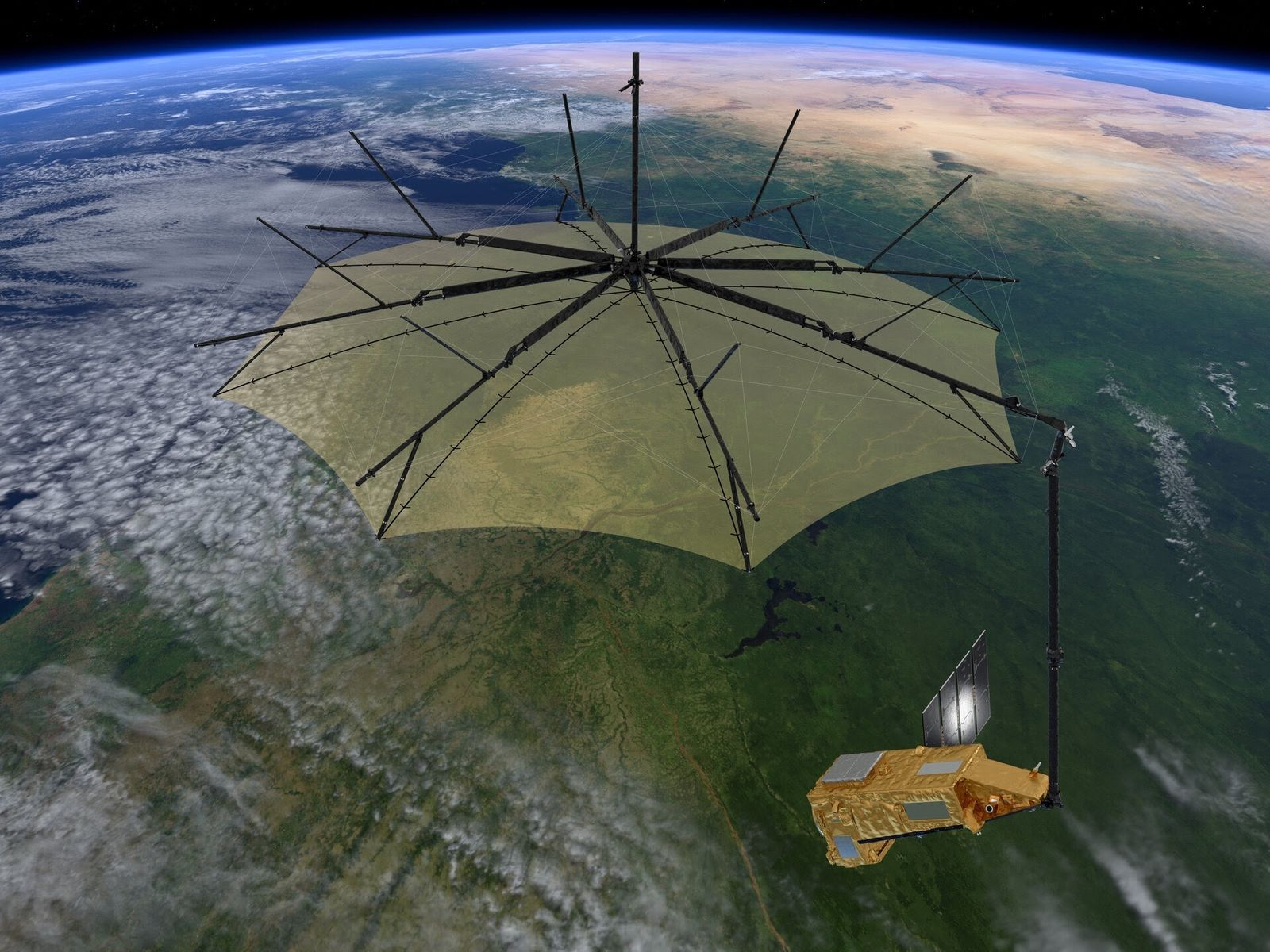 Ilustración del satélite Biomass en la órbita de la Tierra