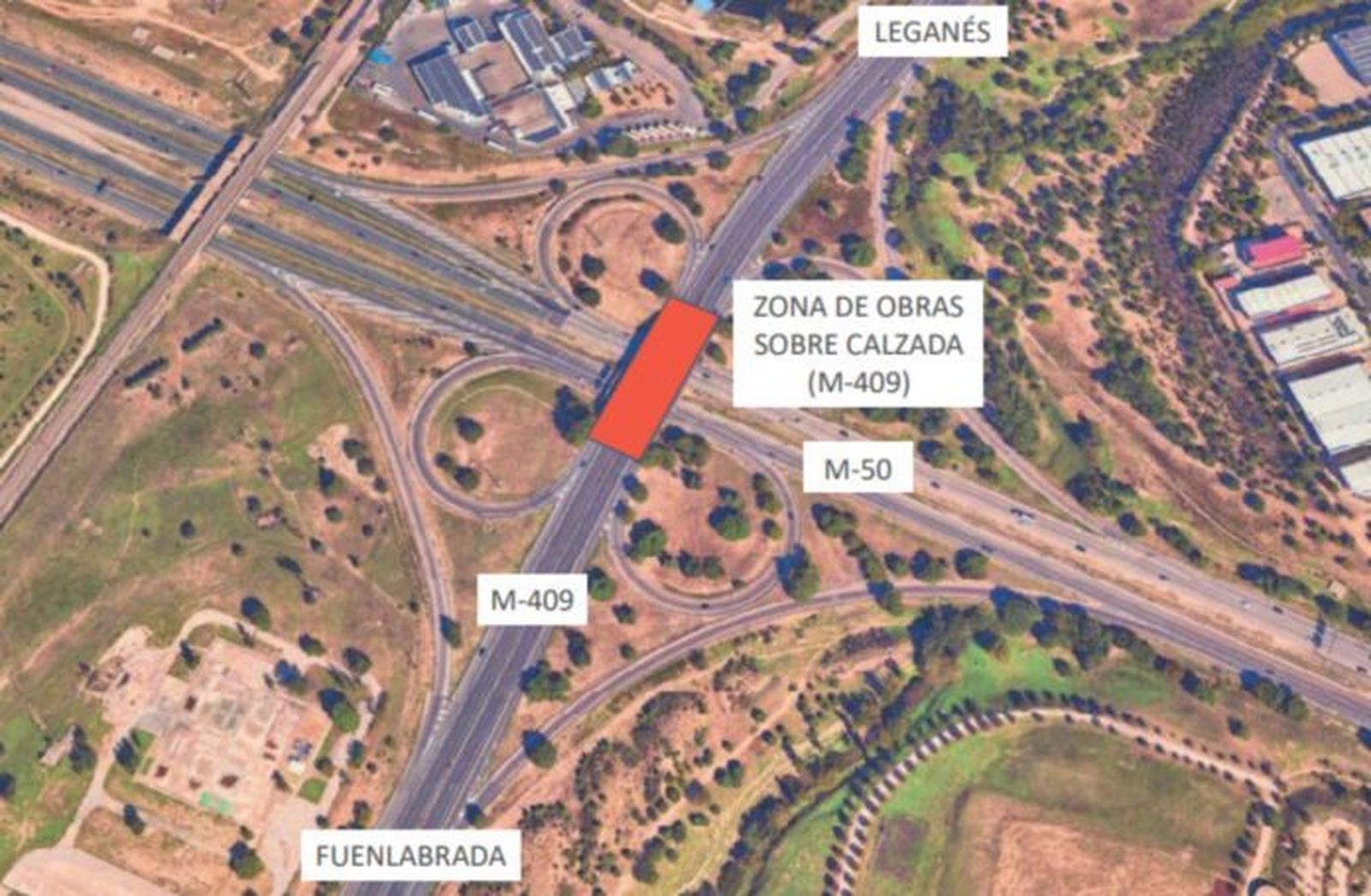 Zona afectada por obras en la carretera M-409, a su paso por la M-50