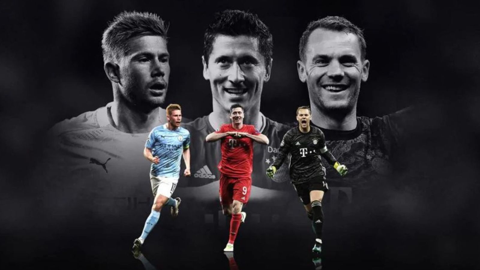 Kevin de Bruyne, Robert Lewandowski y Manuel Neuer