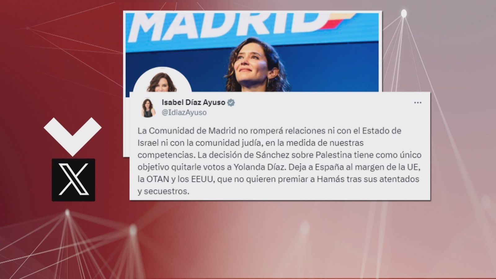 Ayuso reacciona ante el anuncio de Sánchez de reconocer el Estado Palestino