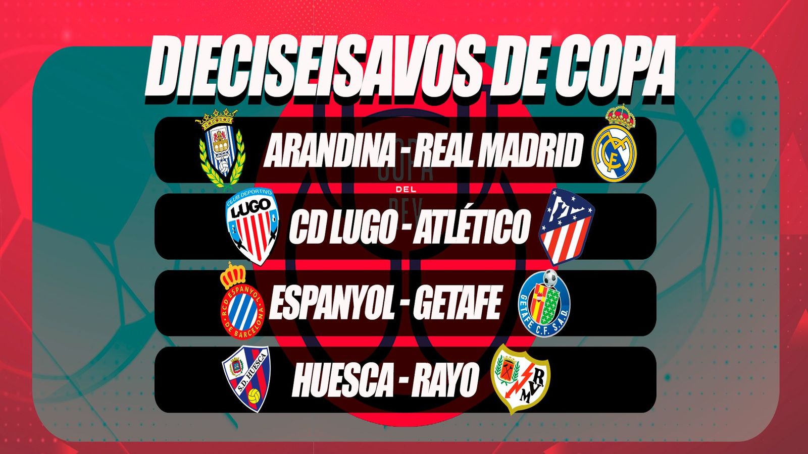 Arandina-Real Madrid, Lugo-Atlético de Madrid, Huesca-Rayo y Espanyol-Getafe, en dieciseisavos de la Copa