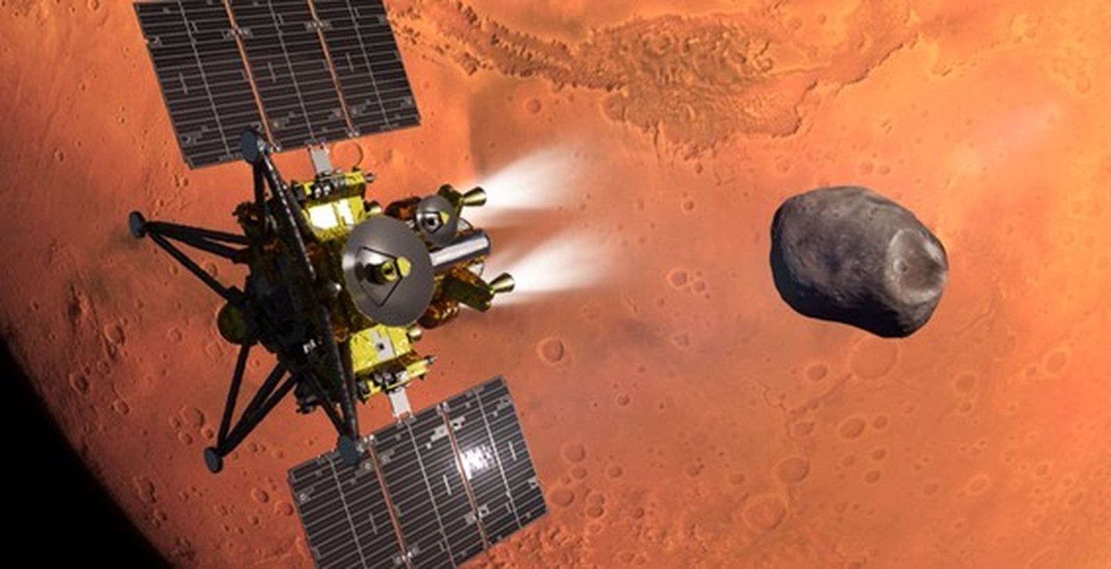 Representación artística de la sonda espacial MMX durante su inserción en la órbita de Marte