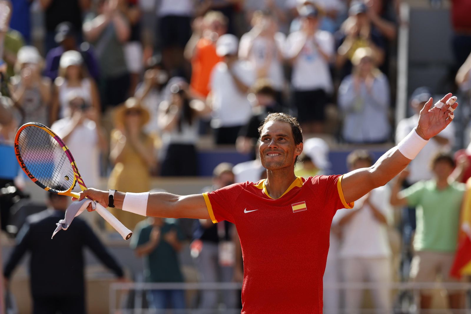 Celebración del tenista español Rafael Nadal tras vencer al húngaro Marton Fucsovics