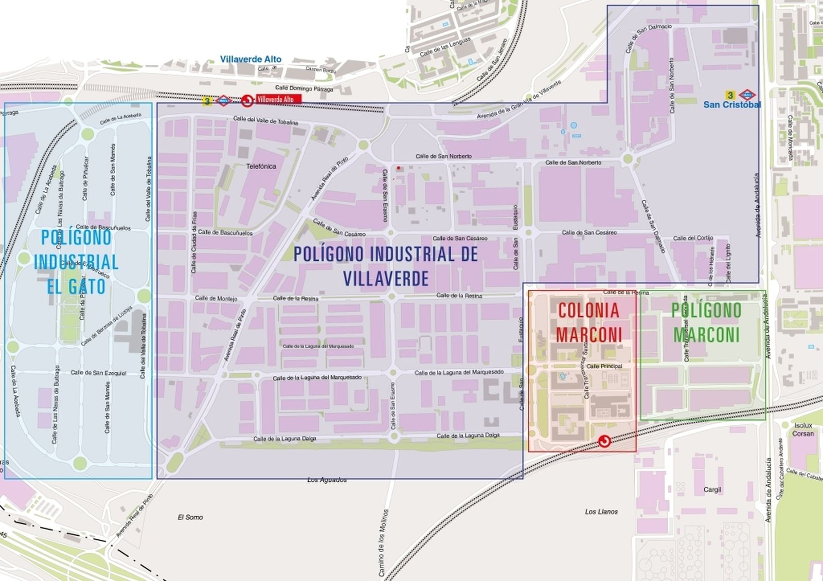 Mapa con la ubicación de la Colonia Marconi entre dos zonas industriales