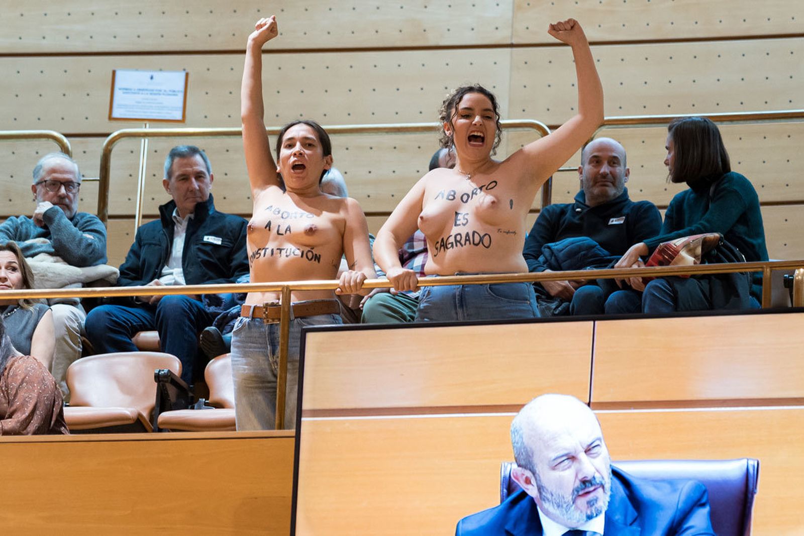 Dos activistas de Femen protestan en el Senado contra la cumbre internacional contra el aborto