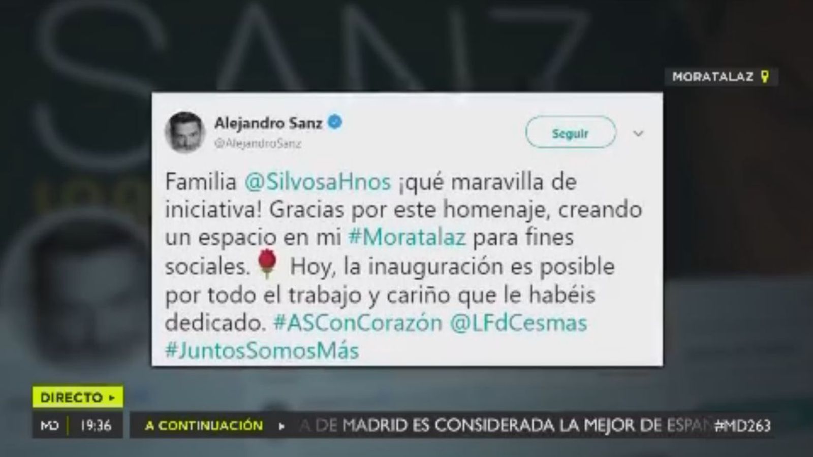 Mensaje de agradecimiento de Alejandro Sanz a la familia que le ha rendido homenaje en su barrio