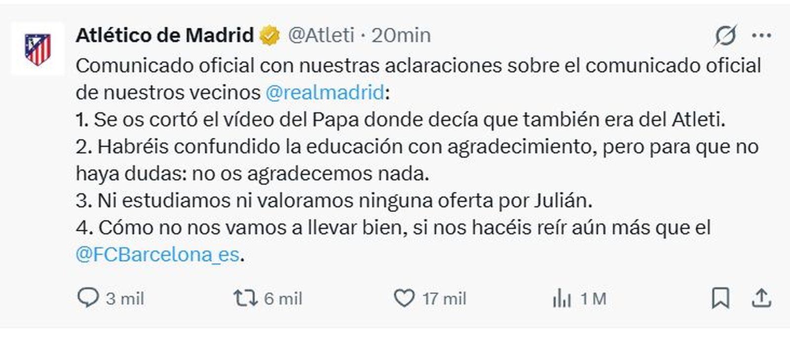 Tuit del Atlético de Madrid