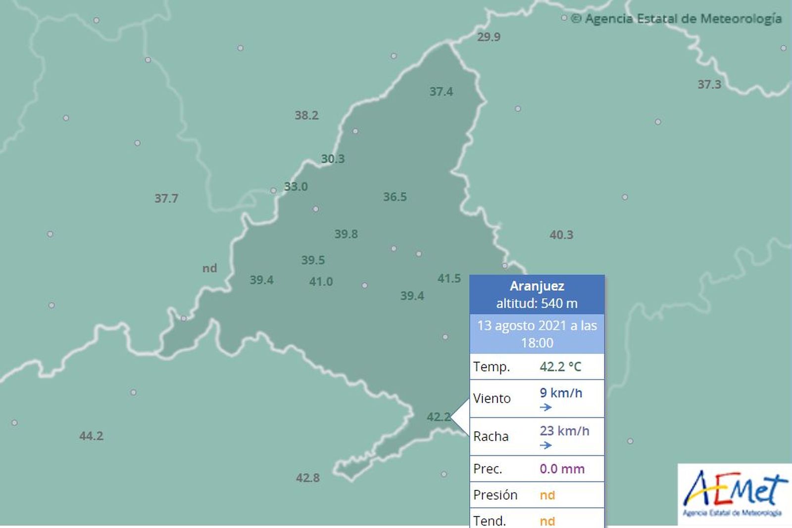 Captura de la página de Aemet con los datos de Aranjuez